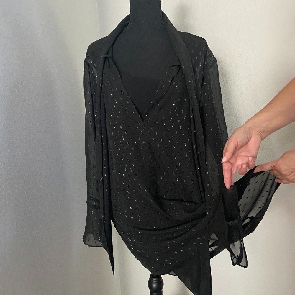 Theory Scarf Metallic Silk Long Sleeves Black Sheer Dress Size 8 - Picture 11 of 16